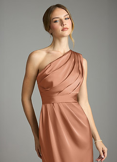 Azazie Emorie Venta Final Vestido de Bronceador de Satén Elástico de Corte Recto con Hombro unilateral image2