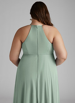 Azazie Annabelle At-home Try On Dresses A-Line V-Neck Pleated Mesh Floor-Length Dress image10