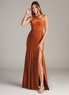 Azazie Rue Bridesmaid Dresses Burnt Orange A-Line Pleated Velvet Dress image3
