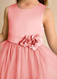 Azazie Miracle Blumenmädchenkleider A-Linie Schleifen Matte Satin Kleid Koralle image6
