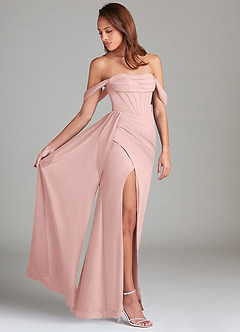 Azazie Amyra Robes de demoiselle d'honneur Robe Fourreau Convertible en Mousseline de soie Épaules dénudées Rose Poudré image2