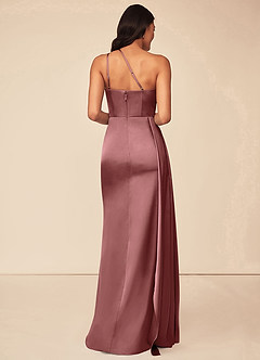 Azazie Maron Bridesmaid Dresses Amethyst A-Line One Shoulder Stretch Satin Dress image2