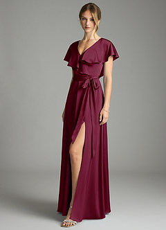 Azazie Lainey Bridesmaid Dresses Mulberry A-Line with Pockets Stretch Satin Dress image4