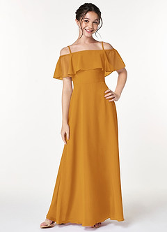 Azazie Maggie Junior Butterscotch A-Line Off the Shoulder Chiffon Dress image1