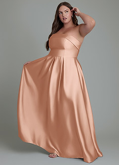 Azazie Lucienne Bridesmaid Dresses Rose Gold A-Line Strapless Stretch Satin Convertible Dress image9