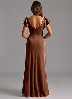 Azazie Omari Vestidos de damas de honor Vestido de Ocre Oscuro de terciopelo de Corte en A con Plisado image6