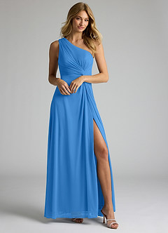 Azazie Brooke Bridesmaid Dresses Blue Jay A-Line One Shoulder Mesh Dress image1
