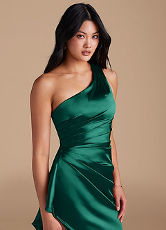 Azazie Latrice Bridesmaid Dresses Emerald Sheath One Shoulder Metallic Satin Dress image3