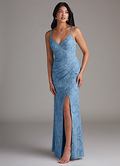 Azazie Leo Bridesmaid Dresses Steel Blue Sheath Pleated Floral Burnout Dress image3