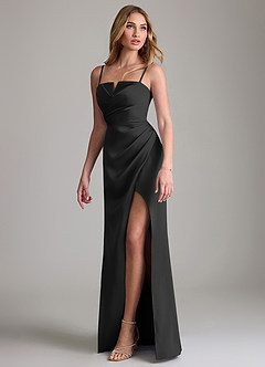 Azazie Danelle Bridesmaid Dresses Black Sheath Pleated Stretch Satin Dress image4
