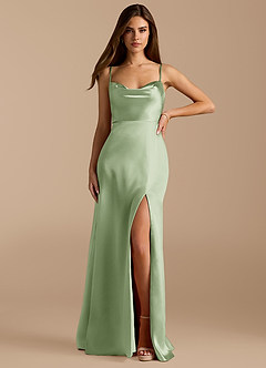 Azazie Erma Final Sale Dusty Sage A-Line Side Slit Metallic Satin Dress image1