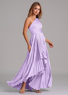 Azazie Lyrica 신부 들러리 드레스 A라인 한쪽 어깨 스트레치 새틴 비대칭 드레스 image3