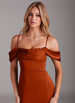 Azazie Saige Bridesmaid Dresses Paprika Mermaid Off the Shoulder Stretch Satin Dress image2