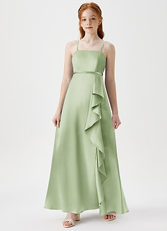 Azazie Kaylee Junior Robe Trapèze en Satiné métallisé avec ceinture Vert Sauge image3