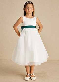 Azazie Kavi Flower Girl Dresses Ivory Peacock A-Line Bow Matte Satin Dress image2