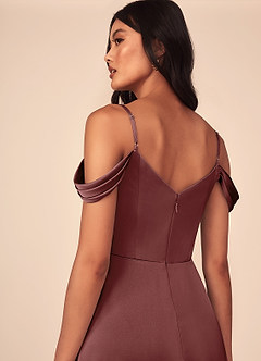 Azazie Ocean Bridesmaid Dresses Amethyst A-Line V-Neck Pleated Stretch Satin Dress image5