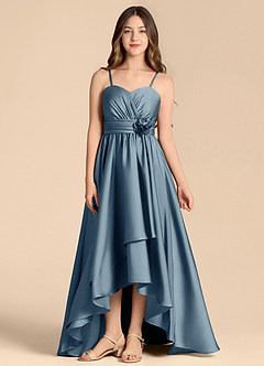 Azazie Catalina Junior Jurk van Stretch Satijn met A-Lijn Sweetheart Halslijn Stoffig Blauw image1