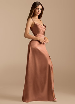 Azazie Erma At-home Try On Dresses Bronzer A-Line Side Slit Metallic Satin Dress image6