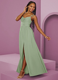 Barbie ♥ Azazie Jurken voor bruidsmeisjes Jurk van Chiffon met A-Lijn Geplooid Stoffige Salie image13