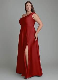 Azazie Melanie Bridesmaid Dresses Pomegranate A-Line Off the Shoulder Stretch Satin Dress image11