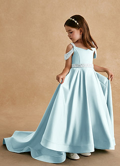 Azazie Jodi Flower Girl Dresses Sea Glass A-Line Matte Satin Dress image1