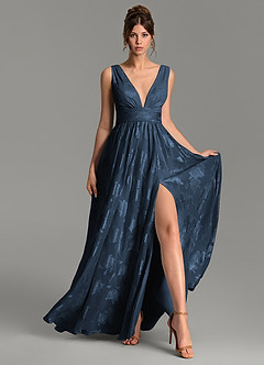 Azazie Vanessa At-home Try On Dresses Dark Navy A-Line Pleated Floral Jacquard Burnout Dress image4