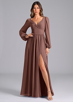 Azazie Zeya Robes de demoiselle d'honneur Robe Trapèze en Mousseline de soie Manche longue Expresso image1