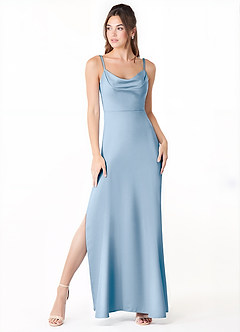 Azazie Alaija Bridesmaid Dresses Powder Blue Mermaid Side Slit Stretch Satin Dress image2