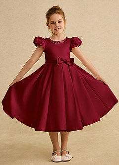 Azazie Pearl Flower Girl Dresses Burgundy Ball-Gown Pleated Matte Satin Dress image4