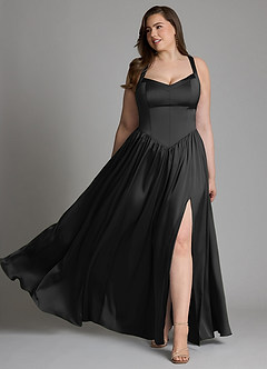 Azazie Francis Vestidos de damas de honor Vestido Negro de Satén Elástico de Línea A con Corsé image11