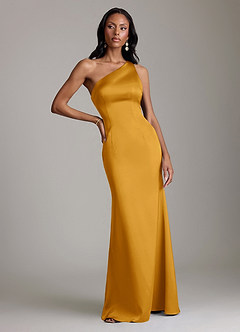 Azazie Voni Bridesmaid Dresses Butterscotch Mermaid One Shoulder Stretch Satin Dress image5