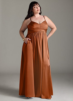 Azazie Alia Bridesmaid Dresses Copper A-Line Pleated Stretch Satin Dress image11