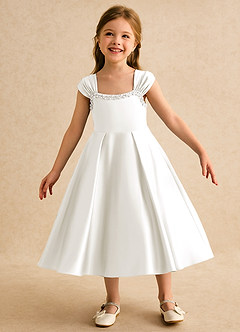 Azazie Yosemite Jurken voor bloemenmeisjes Baljurk Jurk van Mat Satijn Sweetheart Halslijn Ivoor image3