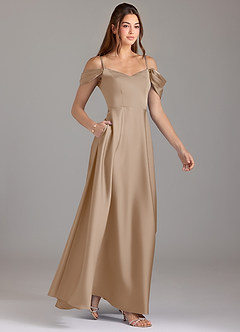 Azazie Marley Bridesmaid Dresses Taupe A-Line Off the Shoulder Stretch Satin Convertible Dress image4