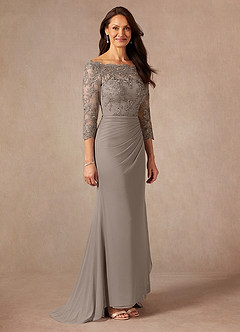Azazie Rhonda Mother of the Bride Dresses Taupe Mermaid Off the Shoulder Mesh Dress image6