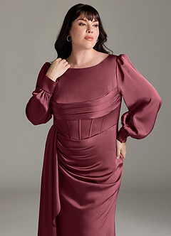 Azazie Raye Vestidos de damas de honor Vestido de Merlot de Satén Elástico de Corte Sirena con Manga larga image11