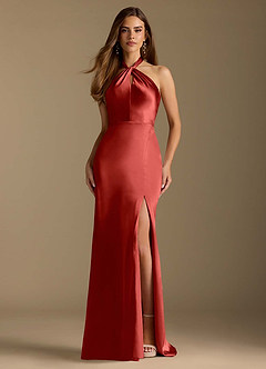 Azazie Tracie Brautjungfernkleider A-Linie Plissee Metallischer Satin Kleid Rost image1
