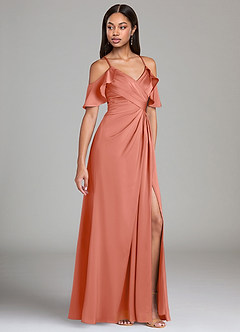 Azazie Dakota Bridesmaid Dresses Salmon Pink A-Line Off the Shoulder Stretch Satin Dress image1