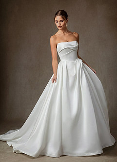 Azazie Suki Wedding Dresses Diamond White Ball-Gown Off the Shoulder Satin Dress image9