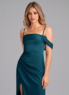 Azazie Lisbeth Jurken voor bruidsmeisjes Converteerbaar Jurk van Stretch Satijn met Zeemeermin Off the Shoulder Inkt Blauw image2