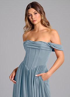 Azazie Hattie Robes de demoiselle d'honneur Robe Trapèze en velours Rayé Bleu Poussiéreux image2