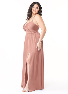 Azazie Raya Robes de demoiselle d'honneur Robe Trapèze en Satin extensible Col V plissé Rosette image10
