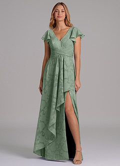 Azazie Omari Jurken voor bruidsmeisjes Jurk van Bloemen Burn-out met A-Lijn Geplooid Matcha image4