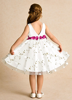 Azazie Starri Flower Girl Dresses Ivory Fuchsia Ball-Gown Beaded Matte Satin Dress image2