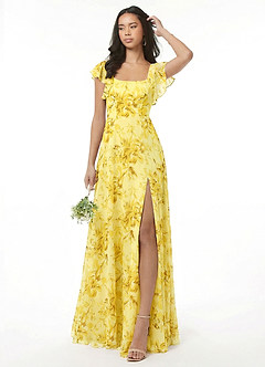 Azazie Bondi Vestidos de madrinha de casamento Vestido Sorvete De Limão Floresce Floral de Chiffon de Linha A com Franzido image2
