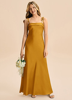 Azazie Willa Junior Robe Trapèze en Satin extensible Arc Caramel écossais image4