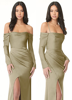 Azazie Hallie Bridesmaid Dresses Moss Green Sheath Off-The-Shoulder Long Sleeve Stretch Satin Convertible Dress image9