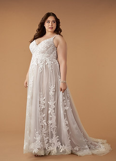 Azazie Delaina Vestidos de novia Vestido de Blanco Diamante Cocoa de Tul de Corte en A con Lentejuelas cuello pico image14