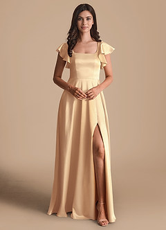 Azazie Bondi Bridesmaid Dresses Gold A-Line Bow Metallic Satin Dress image2