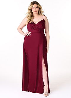 Azazie Dalilah Bridesmaid Dresses Burgundy A-Line V-Neck Pleated Stretch Satin Dress image6